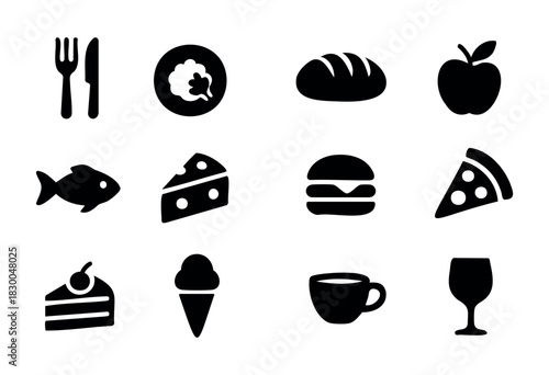Food and drink solid icons — cutlery, burger, pizza, apple, coffee cup — stock vector.