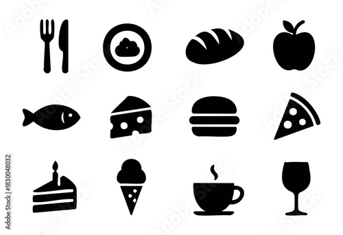 Food and drink solid icons — cutlery, burger, pizza, apple, coffee cup — stock vector.