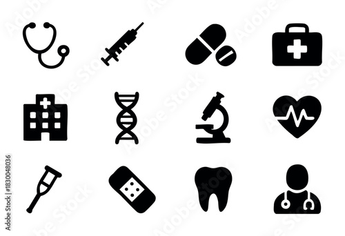 Medical and healthcare solid icons — stethoscope, syringe, pill, hospital, DNA — stock vector.