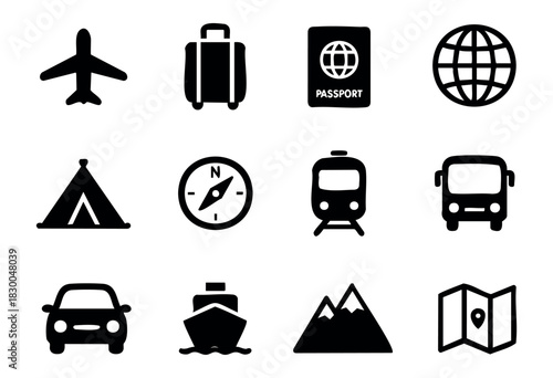 Travel and transportation solid icons — airplane, luggage, passport, train, car — stock vector.