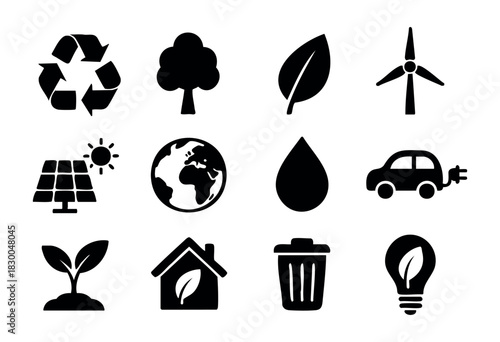 Ecology and environment solid icons — recycle, green energy, solar panel, electric car — stock vector.