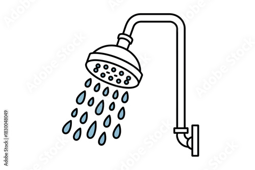 A showerhead is shown mounted on a wall and dispensing water droplets.