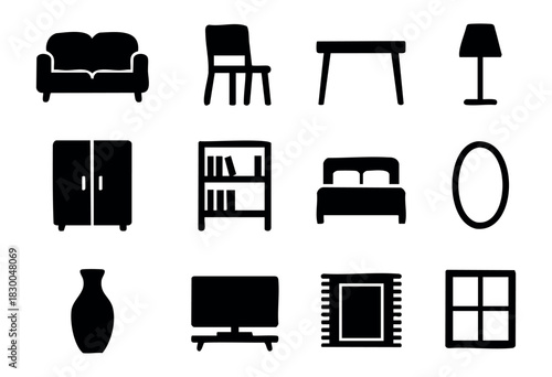 Home furniture and interior decor solid icons — sofa, chair, table, bed, lamp — stock vector.