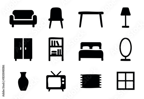 Home furniture and interior decor solid icons — sofa, chair, table, bed, lamp — stock vector.