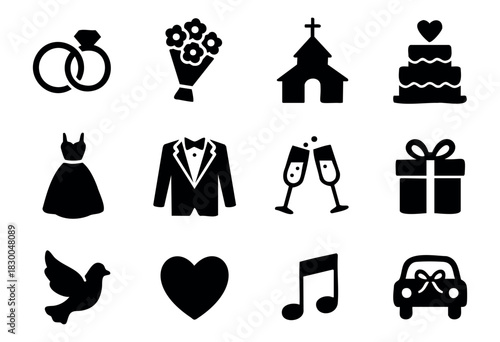 Wedding and marriage ceremony solid icons — rings, dress, church, cake, gift — stock vector.