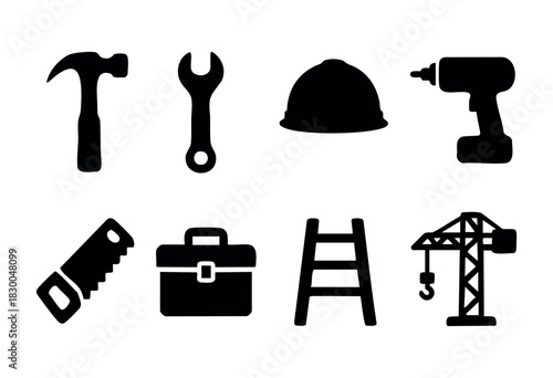 Construction and work tools solid icons — hammer, wrench, hard hat, drill, crane — stock vector.