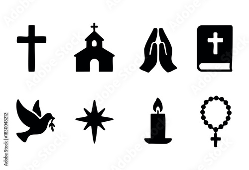 Christian religion and faith solid icons — cross, church, prayer hands, bible — stock vector.