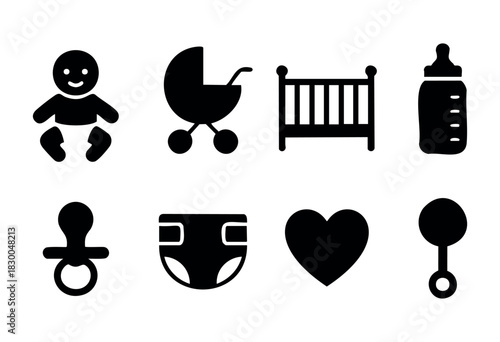 Baby and newborn essentials solid icons — stroller, crib, bottle, pacifier — stock vector.