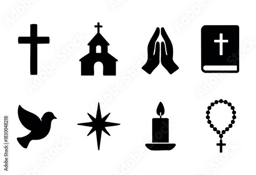 Christian religion and faith solid icons — cross, church, prayer hands, bible — stock vector.