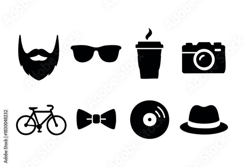 Hipster lifestyle and accessories solid icons — beard, sunglasses, coffee, camera, bicycle — stock vector.