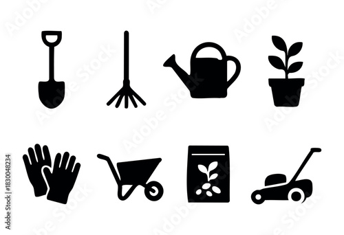 Gardening tools and equipment solid icons — shovel, rake, watering can, lawn mower — stock vector.