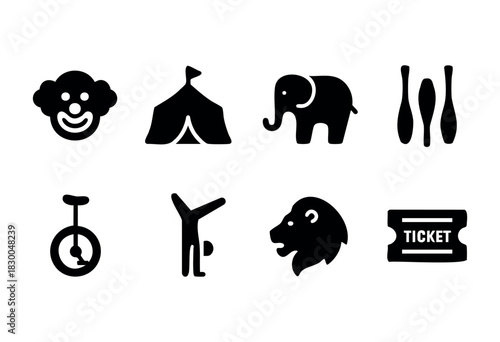 Circus performance and carnival solid icons — clown, tent, elephant, unicycle, ticket — stock vector.