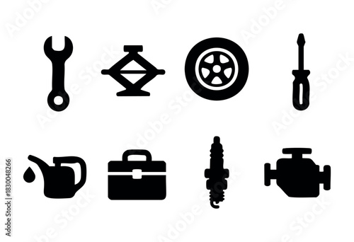 Car mechanic and auto repair solid icons — wrench, jack, tire, engine — stock vector.
