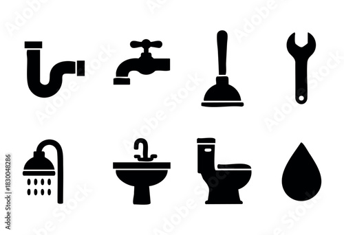 Plumbing and bathroom fixtures solid icons — pipe, faucet, toilet, plunger — stock vector.