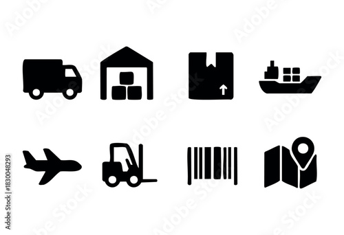 Logistics and delivery solid icons — truck, warehouse, cargo ship, airplane — stock vector.
