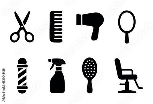 Hair salon and barbershop solid icons — scissors, comb, hairdryer, barber chair — stock vector.