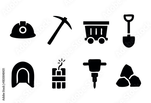 Mining industry solid icons — hard hat, pickaxe, mine cart, dynamite — stock vector.