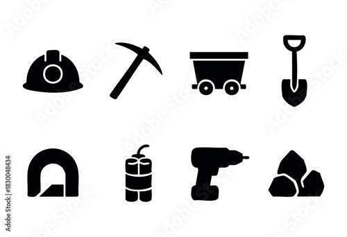 Mining industry solid icons — hard hat, pickaxe, mine cart, dynamite — stock vector.