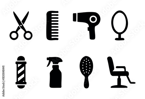 Hair salon and barbershop solid icons — scissors, comb, hairdryer, barber chair — stock vector.