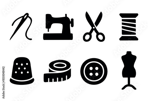 Sewing and tailoring solid icons — sewing machine, scissors, needle, thread — stock vector.