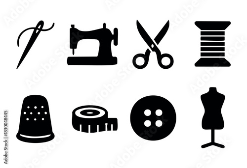Sewing and tailoring solid icons — sewing machine, scissors, needle, thread — stock vector.