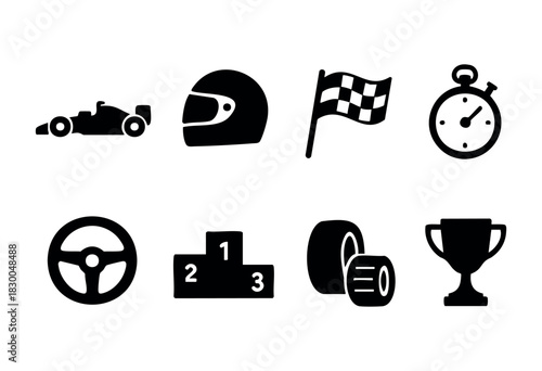 Auto racing solid icons — race car, helmet, checkered flag, trophy — stock vector.