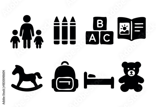 Kindergarten and preschool solid icons — teacher, toys, blocks, backpack — stock vector.