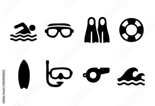 Swimming and water sports solid icons — swimmer, goggles, flippers, surfboard — stock vector.