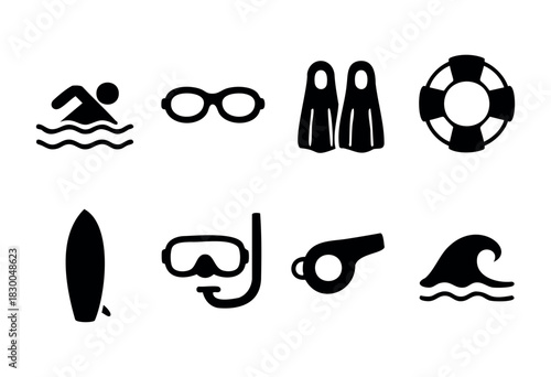Swimming and water sports solid icons — swimmer, goggles, flippers, surfboard — stock vector.
