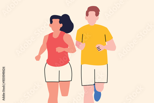 Vector illustration of two people jogging side by side in minimalist style, wearing sporty outfits.
