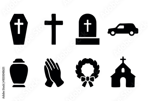 Funeral and memorial solid icons — coffin, tombstone, urn, prayer hands — stock vector.
