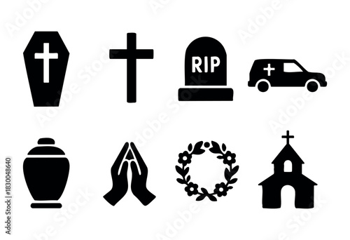 Funeral and memorial solid icons — coffin, tombstone, urn, prayer hands — stock vector.