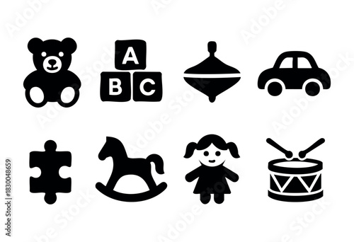 Kids toys solid icons — teddy bear, ABC blocks, rocking horse, doll — stock vector.