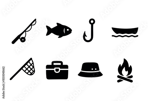 Fishing sport and hobby solid icons — fishing rod, fish, hook, boat — stock vector.