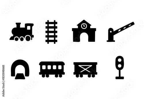 Train and railway transport solid icons — locomotive, tracks, station, tunnel — stock vector.