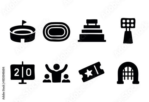 Sports stadium and arena solid icons — field, track, podium, scoreboard — stock vector.