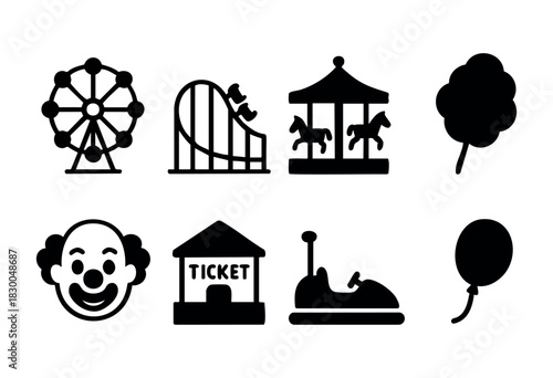 Amusement park and carnival solid icons — ferris wheel, roller coaster, carousel — stock vector.