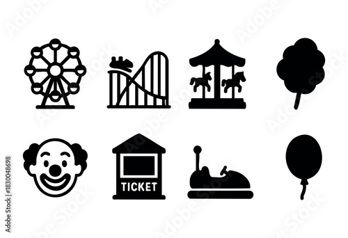 Amusement park and carnival solid icons — ferris wheel, roller coaster, carousel — stock vector.