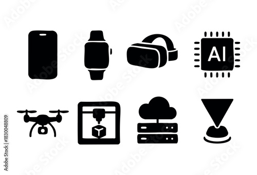 Modern technology solid icons — smartphone, smartwatch, AI chip, drone, 3D printer — stock vector.