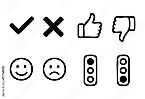 Feedback and rating solid icons — check mark, cross, thumbs up, thumbs down — stock vector.