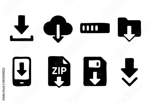 Download and file transfer solid icons — cloud download, progress bar, zip file — stock vector.