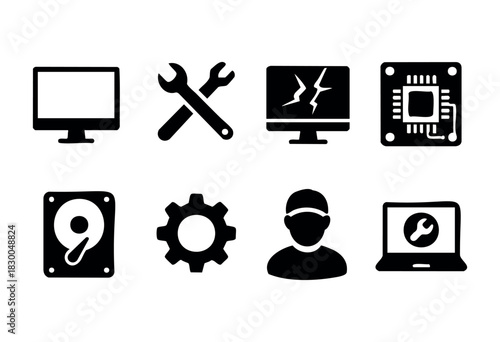Computer repair and IT support solid icons — monitor, broken screen, hard drive — stock vector.