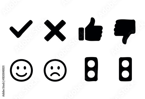 Feedback and rating solid icons — check mark, cross, thumbs up, thumbs down — stock vector.