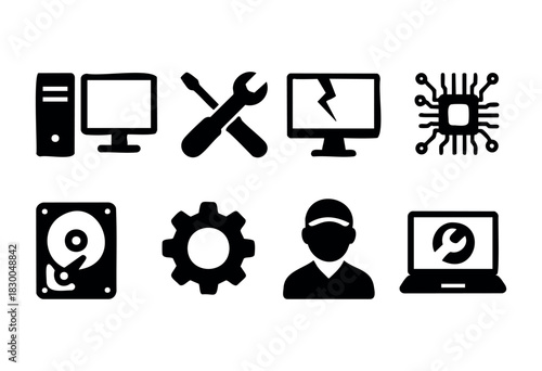 Computer repair and IT support solid icons — monitor, broken screen, hard drive — stock vector.