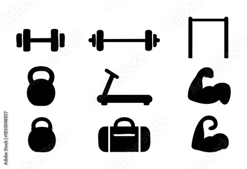 Bodybuilding and weightlifting solid icons — dumbbell, barbell, kettlebell, pull-up bar — stock vector.