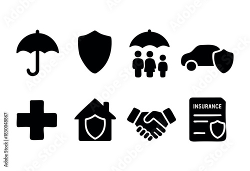 Insurance and protection solid icons — family, car, health, and home insurance — stock vector.