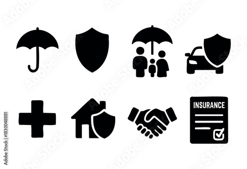 Insurance and protection solid icons — family, car, health, and home insurance — stock vector.