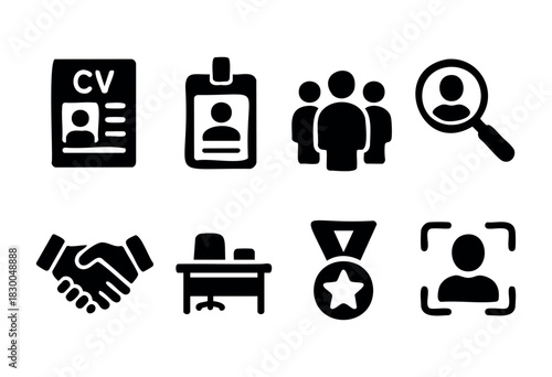 Job search and human resources solid icons — resume, interview, recruitment, career — stock vector.