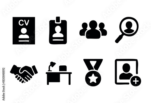 Job search and human resources solid icons — resume, interview, recruitment, career — stock vector.