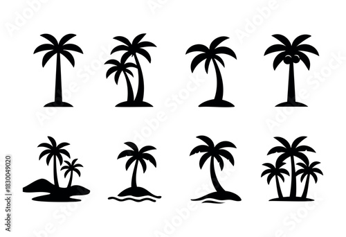 Palm tree solid icons — tropical island, beach, and coconut tree silhouettes — stock vector.